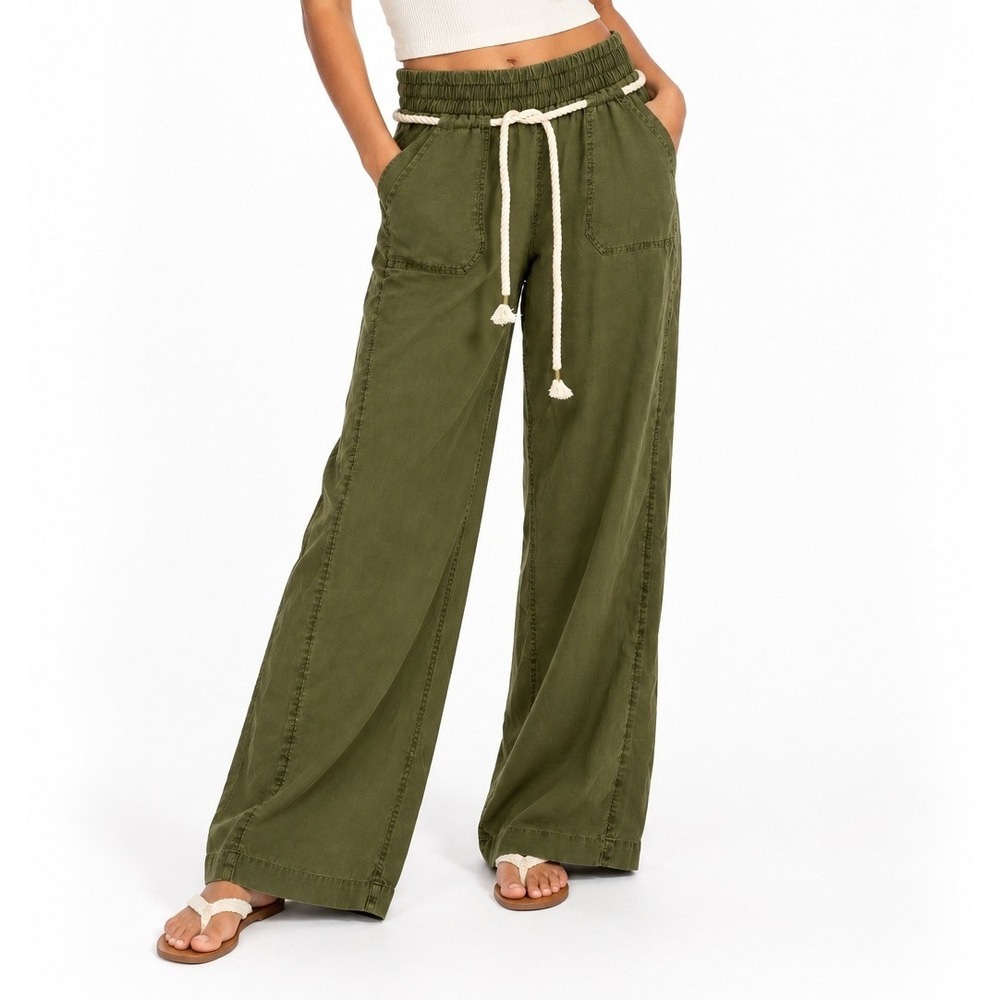 Roxy Paddle On Pant Solid Olive Green Cotton Linen Wide Leg Pants Size M NWT